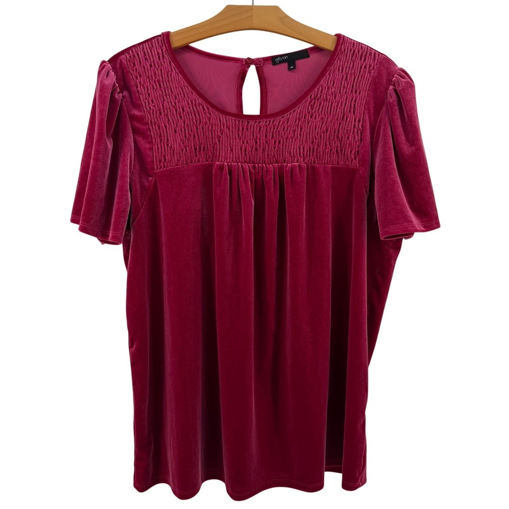 Gibson Babydoll Top Women's XL Burgundy Short Sleeve Keyhole Back Velvet Smocked